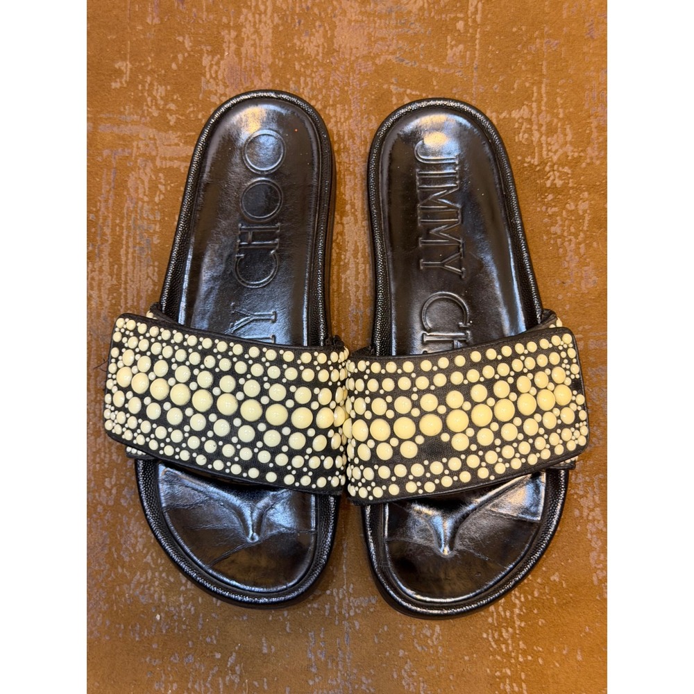 Jimmy Choo Rey Black Leather Studded Slide Sandals Cream Accents Luxury size 38
